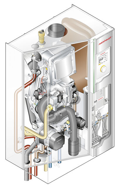 Mit Brennwerttechnik lässt sich der Gas- oder Ölverbrauch im Vergleich zu alten Niedertemperaturheizkesseln um bis zu 30 % senken. (Schnittgrafik Weishaupt)